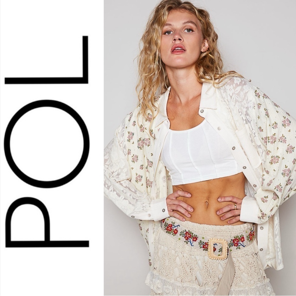 POL Gorgeous Romantic Floral Shacket ๐ Mixed Media Layering Blouse NEW!